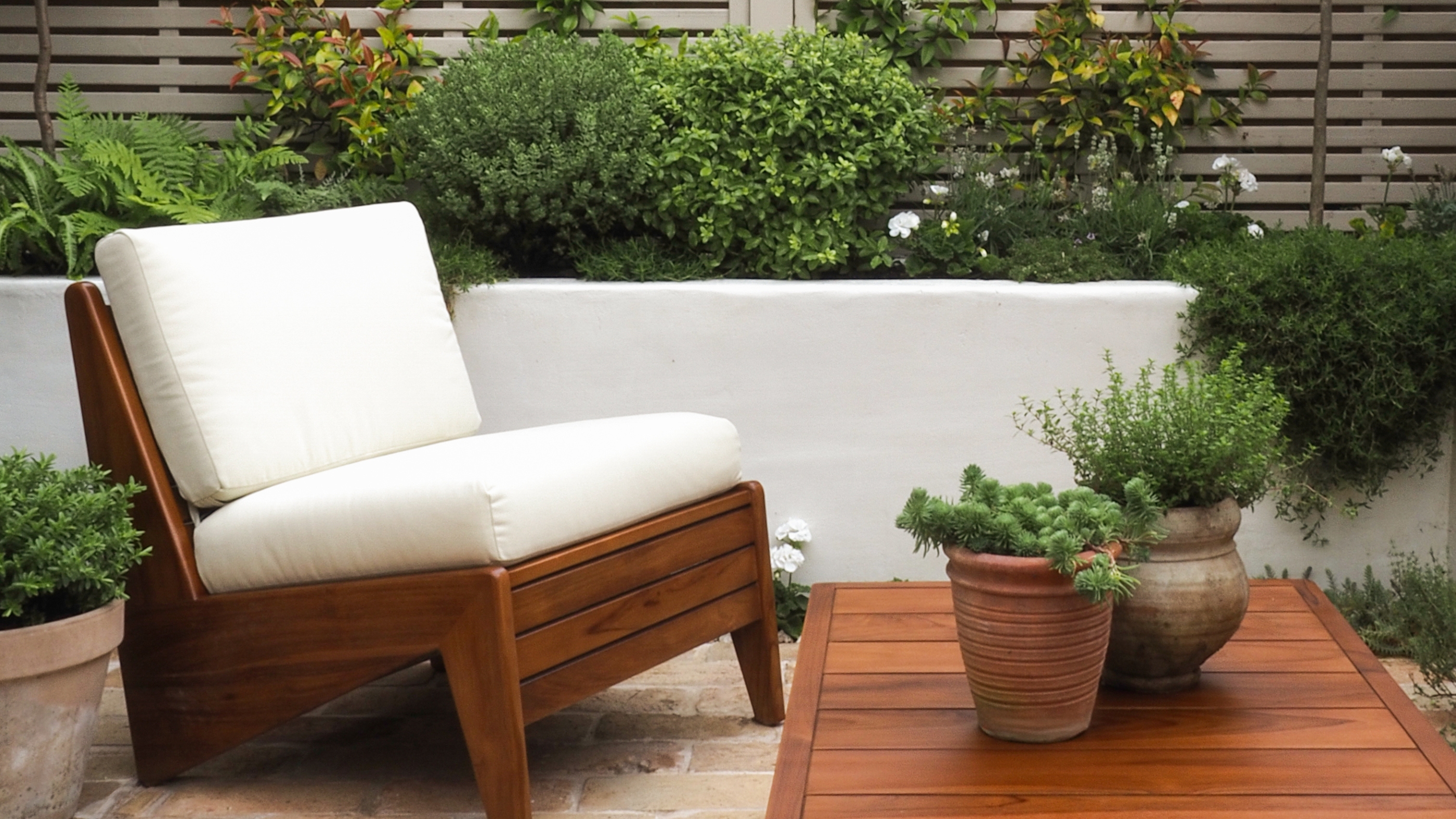a small garden with a wooden chair, raised rendered garden beds, and lots of plants