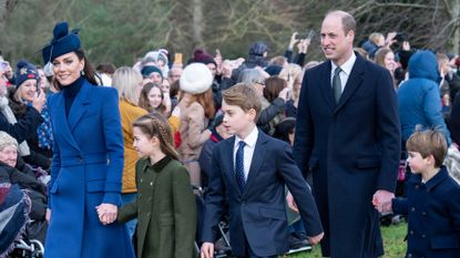 atherine, Princess of Wales (L) and Prince William, Prince of Wales (2nd R) with Prince Louis of Wales (R), Prince George of Wales (C) and Princess Charlotte of Wales (2nd L) attend the Christmas Day service at St Mary Magdalene Church on December 25, 2023 in Sandringham, Norfolk.