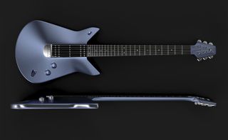 Front and side view of a blue guitar pictured against a black background