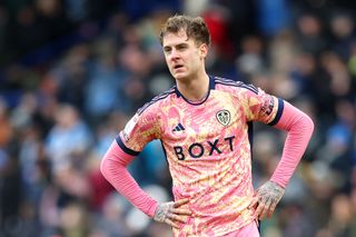 Joe Rodon of Leeds United reacts after the Sky Bet Championship match between Huddersfield Town and Leeds United at the John Smith's Stadium on March 02, 2024 in Huddersfield, England. (Photo by Ed Sykes/Getty Images)