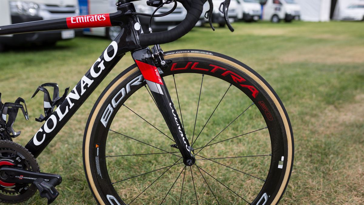 The full Campagnolo Super Record groupset is paired with Bora Ultra 50 wheels