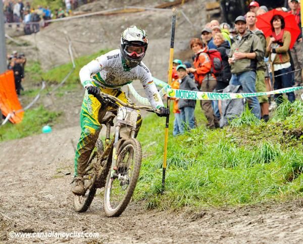 Troy Brosnan (Australia) en route to a repeat victory in the junior men's downhill world championship.