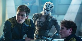 Star Trek Beyond Chris Pine Sofia Boutella Anton Yelchin discussing ship repairs