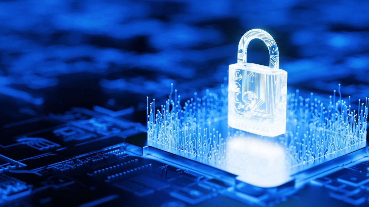 Cyber security concept image showing a digitized padlock on a digital interface and circuit board.