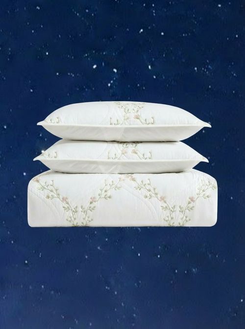 Floral Embroidery Cotton Reversible Quilt Set