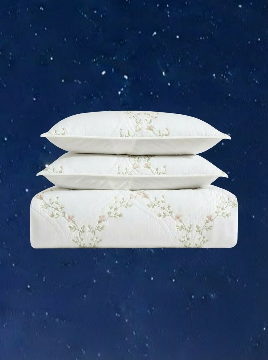 Floral Embroidery Cotton Reversible Quilt Set