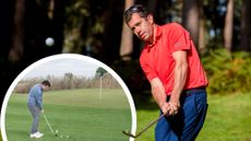 Dan Grieve hitting a chip shot face on, and an inset image of Dan grieve hitting a tee shot from down the line towards the pin