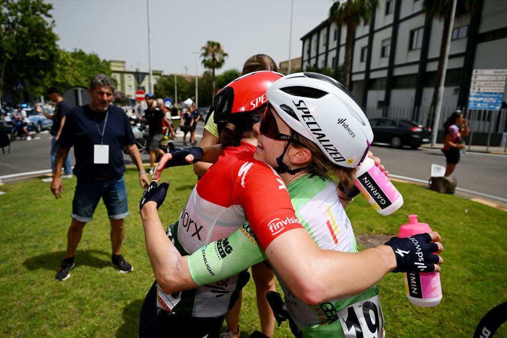 SASSARI ITALY JULY 08 LR Stage winner Blanka Vas of Hungary and Niamh FisherBlack of New Zealand and Team SD Worx Green Mountain Jersey react after the 34th Giro dItalia Donne 2023 Stage 8 a 1257km stage from Nuoro to Sassari UCIWWT on July 08 2023 in Sassari Italy Photo by Dario BelingheriGetty Images