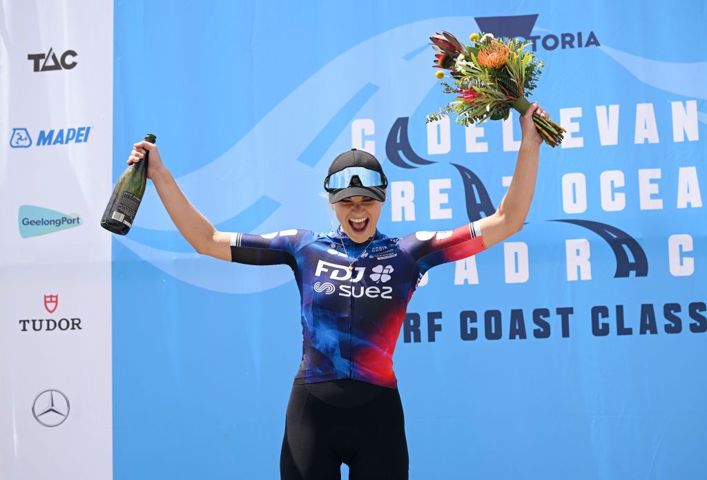 TORQUAY AUSTRALIA JANUARY 29 Ally Wollaston of New Zealand and Team FDJ Suez celebrates at podium as racewinner during the 2nd Surf Coast Classic 2025 Womens Elite a 1186km one day race from Lorne to Torquay on January 29 2025 in Torquay Australia Photo by Dario BelingheriGetty Images