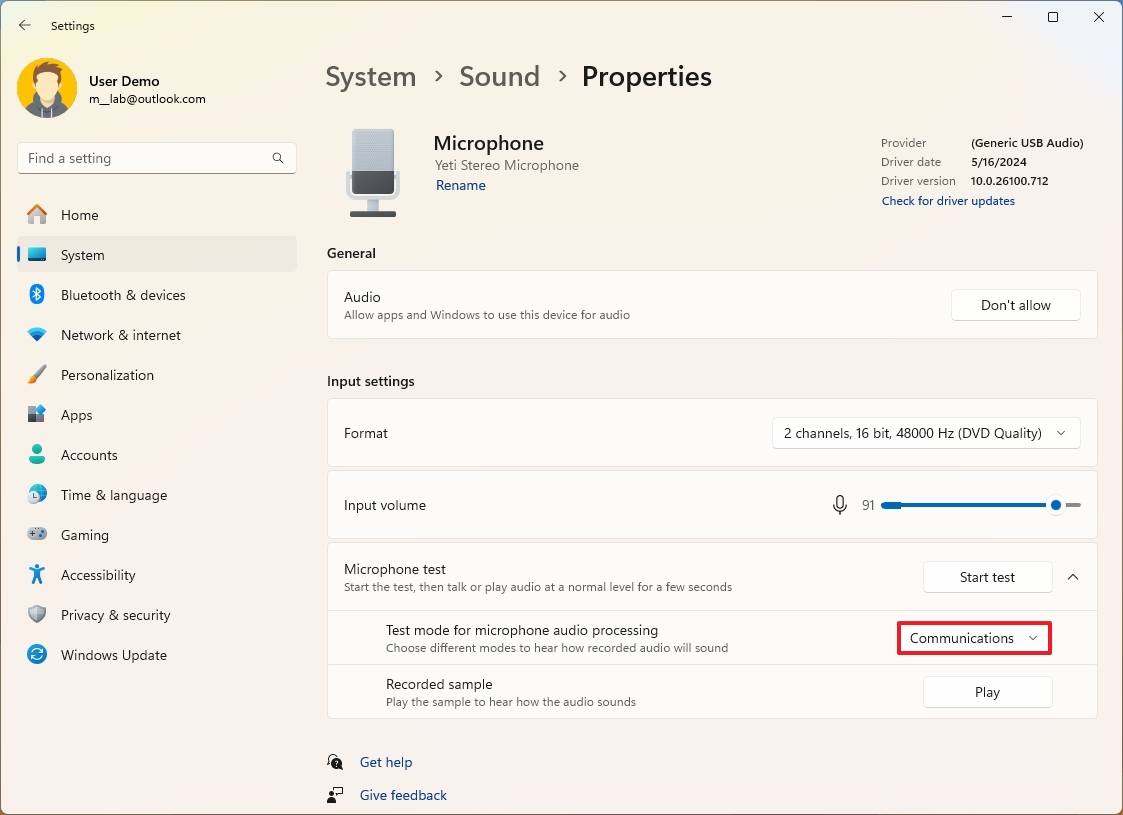 How to test microphone audio processing modes on Windows 11 version 24H2 (2024 Update)