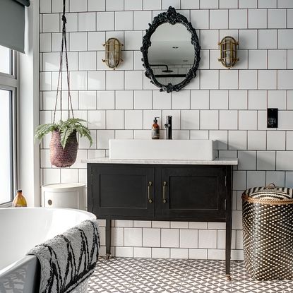 Monochrome Bathroom Makeover With Blue Wall And Black Shower Frame 