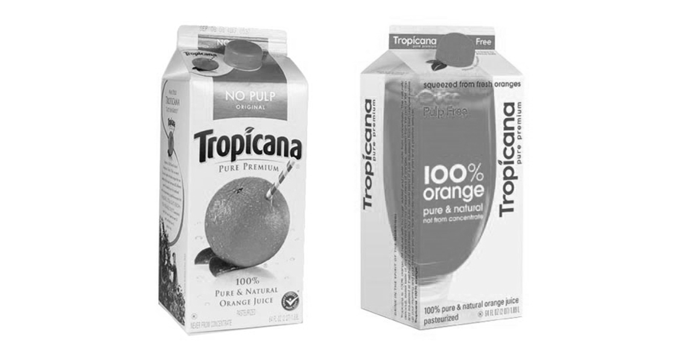 Tropicana packaging and dropped rebrand packaging in black and white