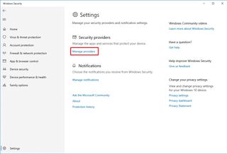 Windows Security Manage Providers option