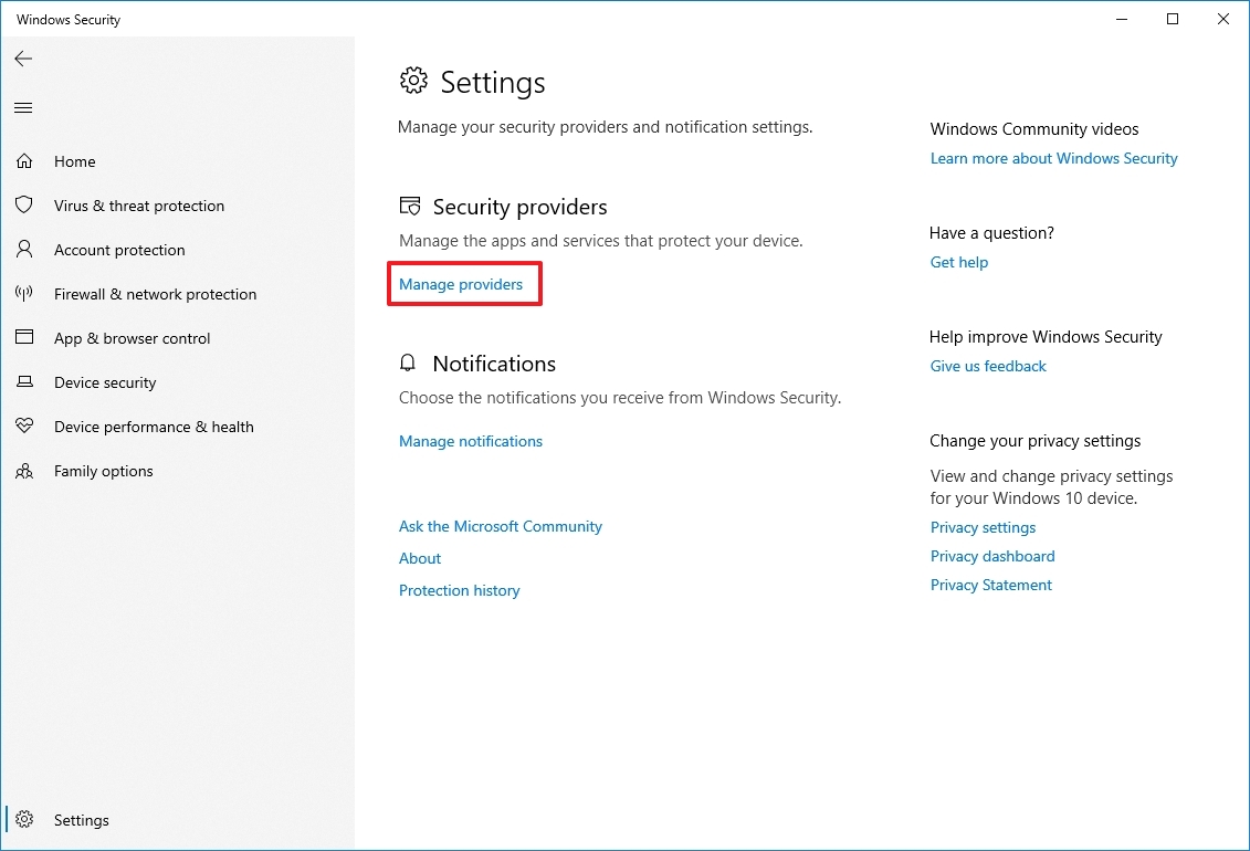 Windows Security Manage Providers option