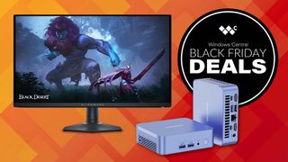 An Alienware gaming monitor and a Geekom mini PC next to a graphic that says "Black Friday Deals."