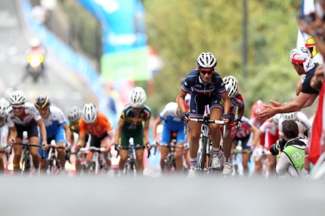Pauline Ferrand-Prevot (France) leads the peloton on the steep climb