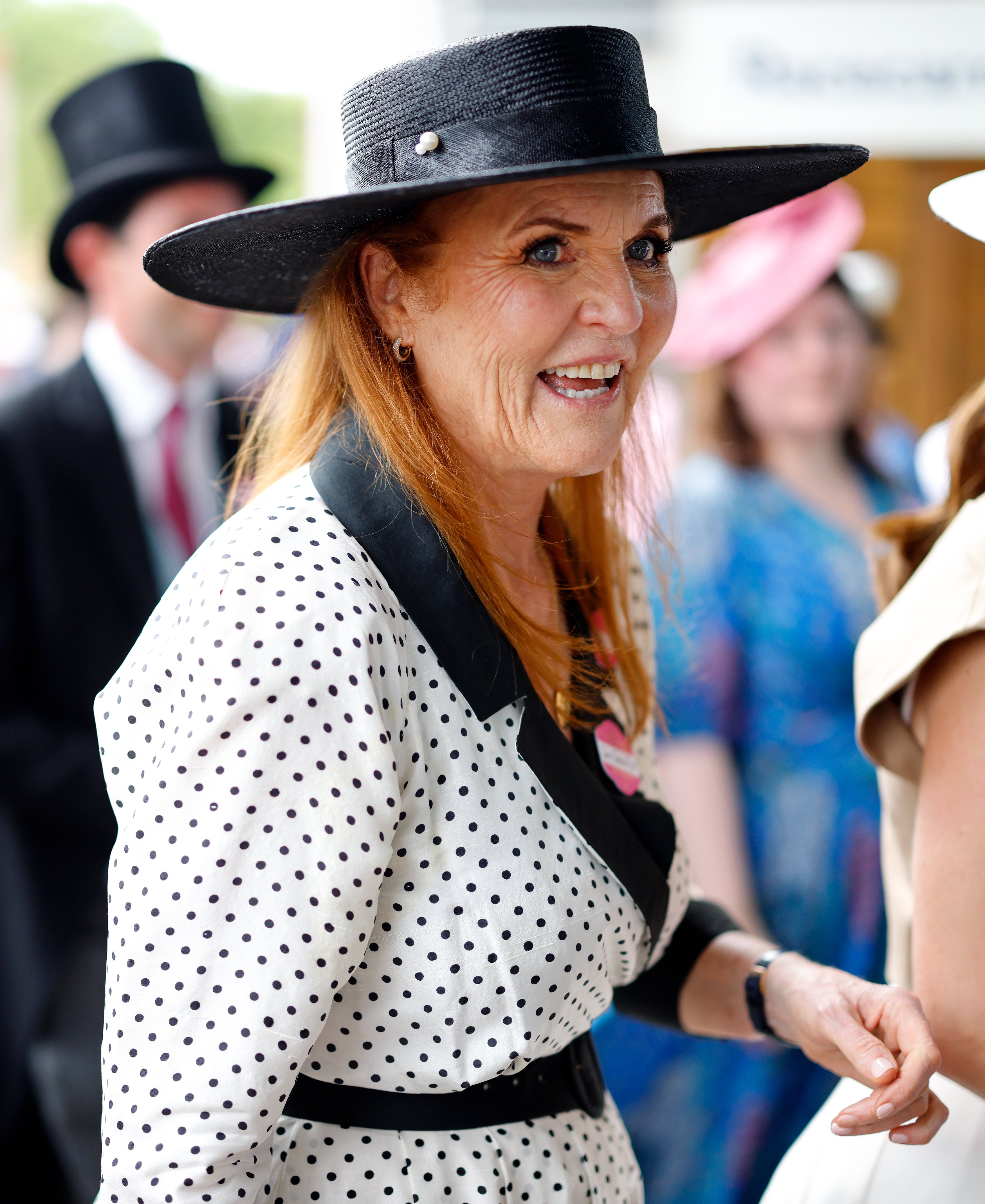 Sarah Ferguson wears a black and white polka dot dress to Royal Ascot 2025