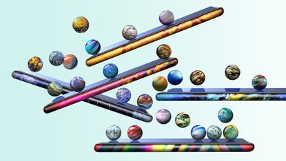A graphic of a series of colorful marbles rolling down various colorful shelves