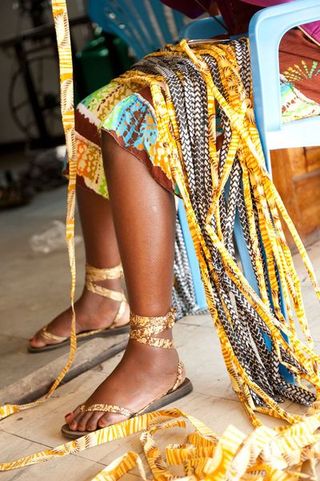 Yellow, Human leg, Toe, Foot, Sandal, Barefoot, Ankle, Tradition, Slipper, Craft,