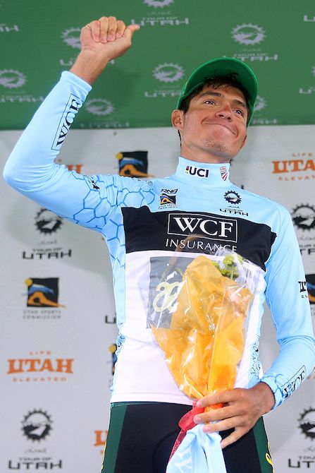 Aevolo Cycling Team's Luis Villalobos celebrates on the podium after stage 6 having won the best young rider jersey at the 2018 Tour of Utah
