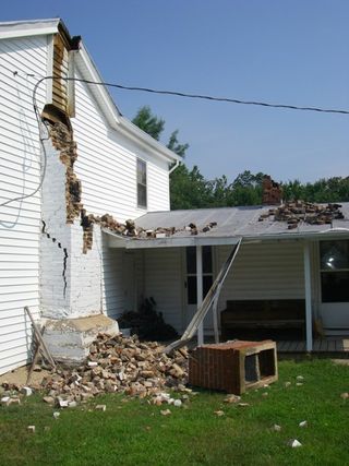 A fallen chimney in Louisa County, Va., caused by the 5.8-magnitude earthquake that hit eastern Virginia on Aug. 23, 2011.