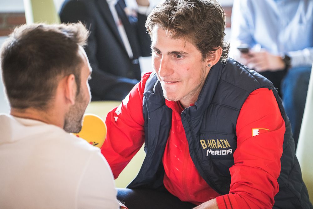 Ivan Garcia speaks with reporters at the Bahrain-Merida gathering in Catalunya