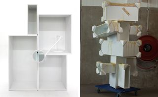 Two images: Left- a white furniture system, Right-White robot style model 'Razzle Dazzle'