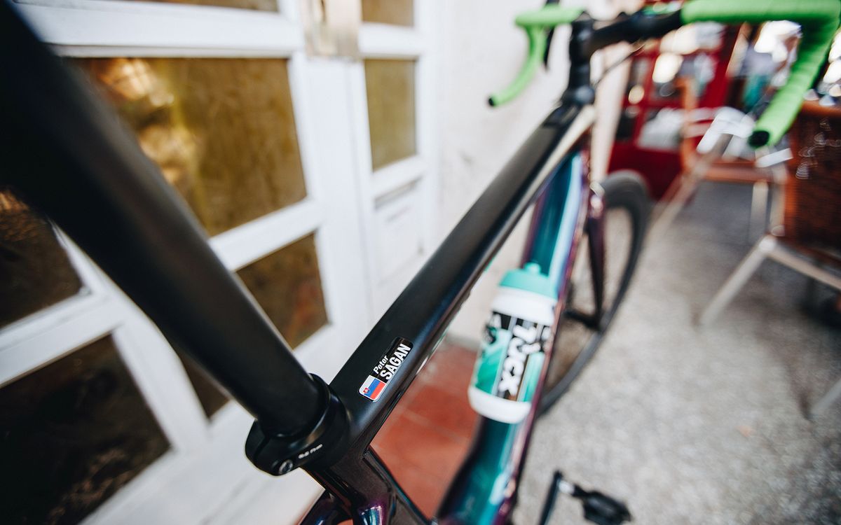 The team put Sagan's decal stickers on the bike's top tube