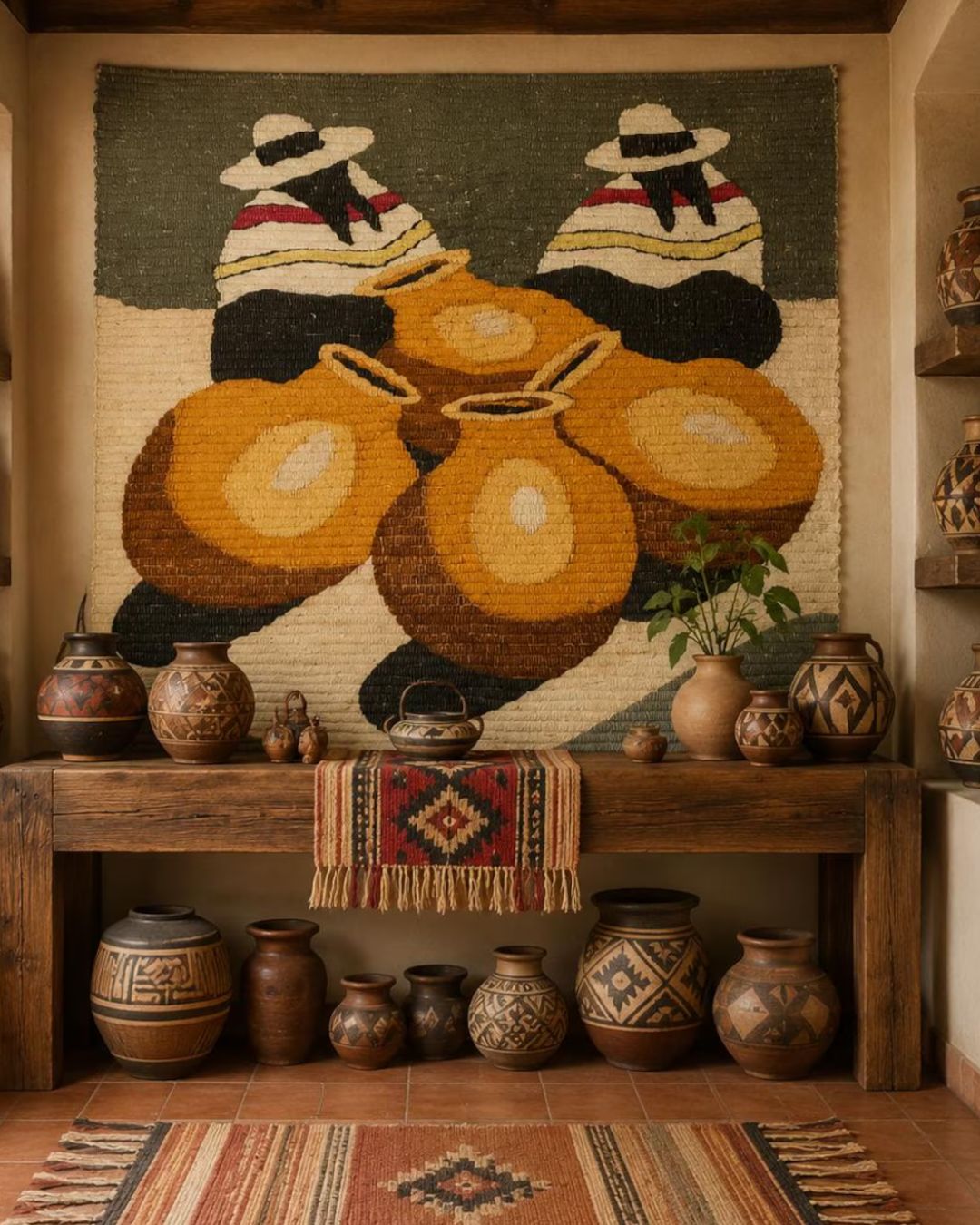 Rustic Andean Entry Hall Tapestry Decor, showcased as a piece of wall art in an earthy living room.