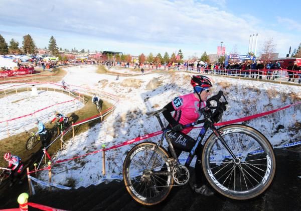 Kari Studley (Velo Bella) leading the race at the steps.