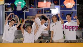 a group of people (jung yu-mi, choi woo-shik, park seo-joon, v, and lee seok-jin) pose while standing in a korean restaurant, in the show 'jinny's kitchen'