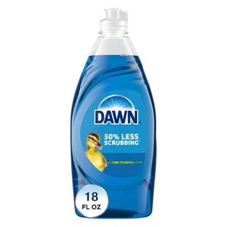 A bottle of blue Dawn dish soap with a yellow duckling on the bottle