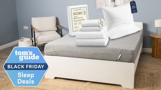The Siena Signature mattress with a Beckham Hotel Collection pillow set and Lane Linen sheet set and a Tom's Guide Black Friday Sleep Deals badge overlaid