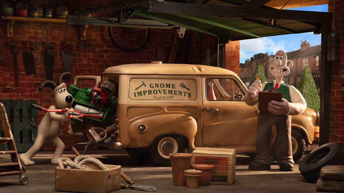 Wallace &amp; Gromit standing next to their &quot;Gnome Improvements&quot; van in &quot;Wallace &amp; Gromit: Vengeance Most Fowl&quot;