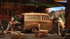 Wallace & Gromit standing next to their "Gnome Improvements" van in "Wallace & Gromit: Vengeance Most Fowl"