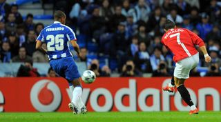 Cristiano Ronaldo scores from long range for Manchester United against Porto in the Champions League in 2009.