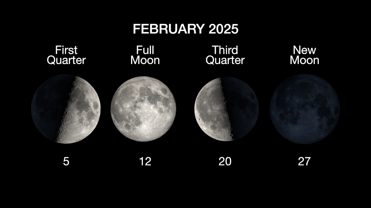 The phases of the moon for Feb. 2025 showing the significant lunar phases above the data on which they will occur