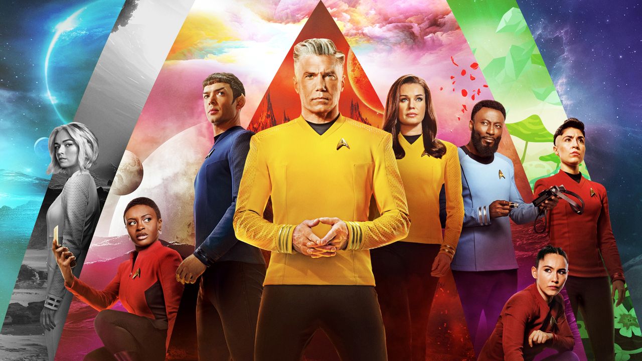 Jess Bush as Chapel, Celia Rose Gooding as Shura, Ethan Peck as Spock, Anson Mount as Pike, Rebecca Romijn as Una, Babs Olusanmokun as M&rsquo;Benga, Christina Chong as La&rsquo;an, and Melissa Navia as Ortegas of Star Trek: Strange New Worlds.