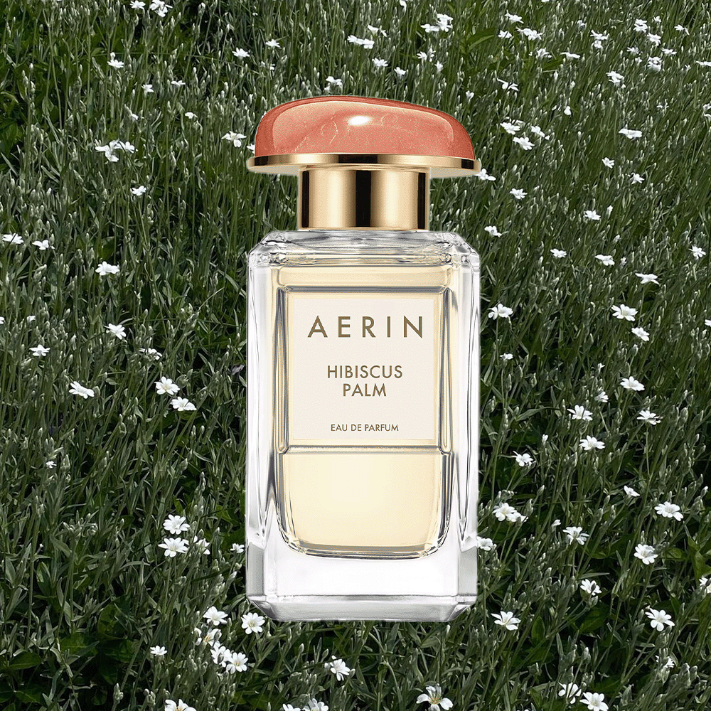 Summer perfume bottles on a background of a field of white flowers