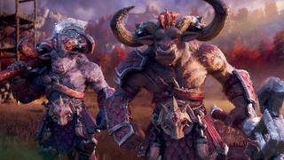 Two minotaurs ready their weapons on a battlefield, from the Heroes of Might and Magic: Olden Era opening cinematic