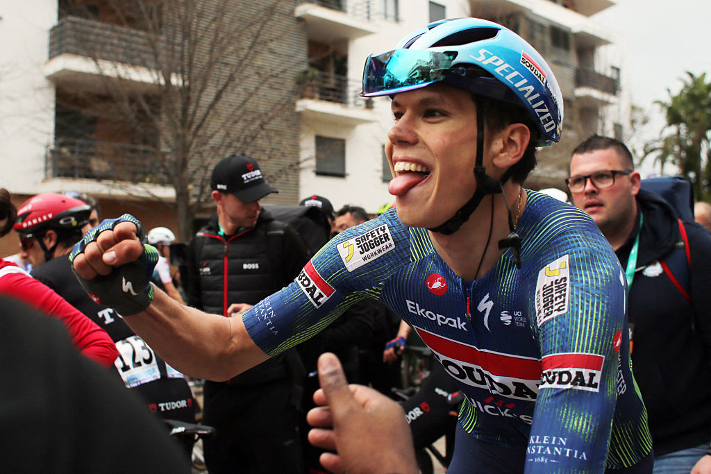 Soudal Quick-Step French cyclist Paul Magnier celebrates winning the first stage of the 52nd edition of the Volta ao Algarve, a 183.5 km race between Vila Real de Santo Antonio and Tavira, on February 18, 2026. (Photo by Jo&amp;atilde;o Matos / AFP)