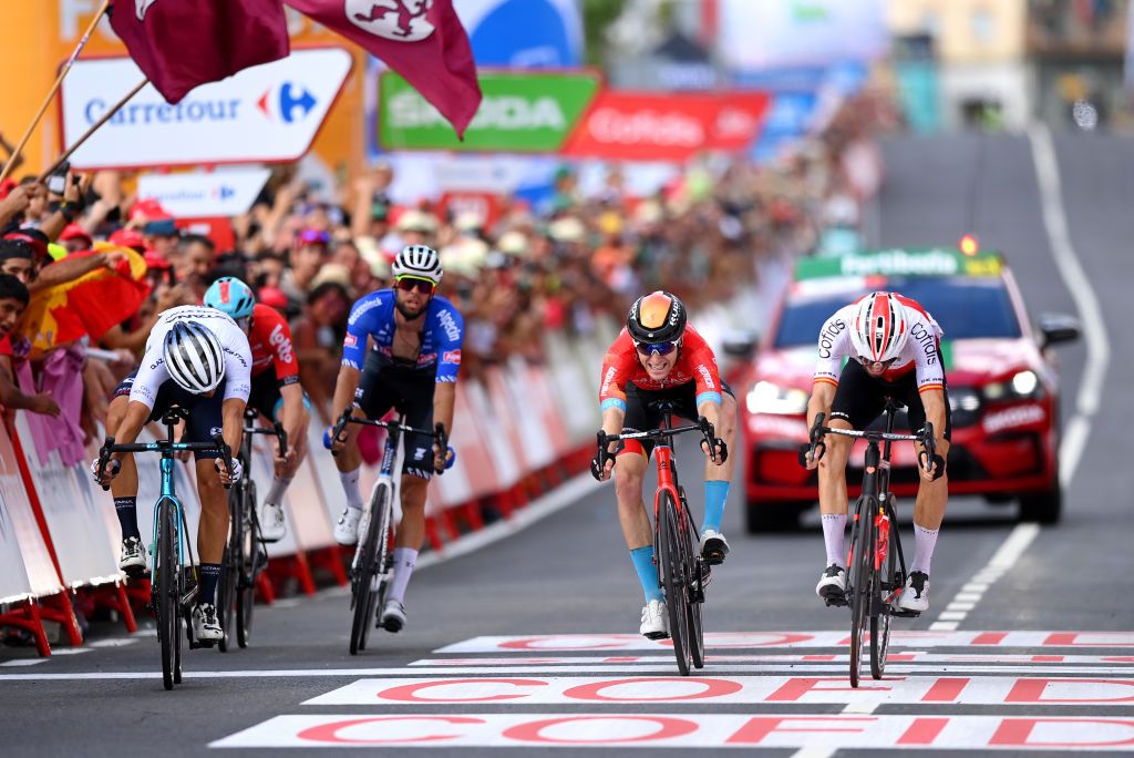 CISTIERNA SPAIN AUGUST 26 LR Samuele Battistella of Italy and Team Astana Qazaqstan Jimmy Janssens of Belgium and Team AlpecinDeceuninck Fred Wright of United Kingdom and Team Bahrain Victorious and Jess Herrada Lopez of Spain and Team Cofidis sprint at finish line during the 77th Tour of Spain 2022 Stage 7 a 190km stage from Camargo to Cistierna LaVuelta22 WorldTour on August 26 2022 in Cistierna Spain Photo by Justin SetterfieldGetty Images