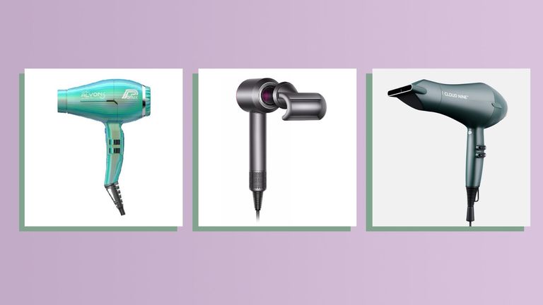 Three of the best hair dryer models by Parlux, Dyson and Cloud Nine on a lilac background