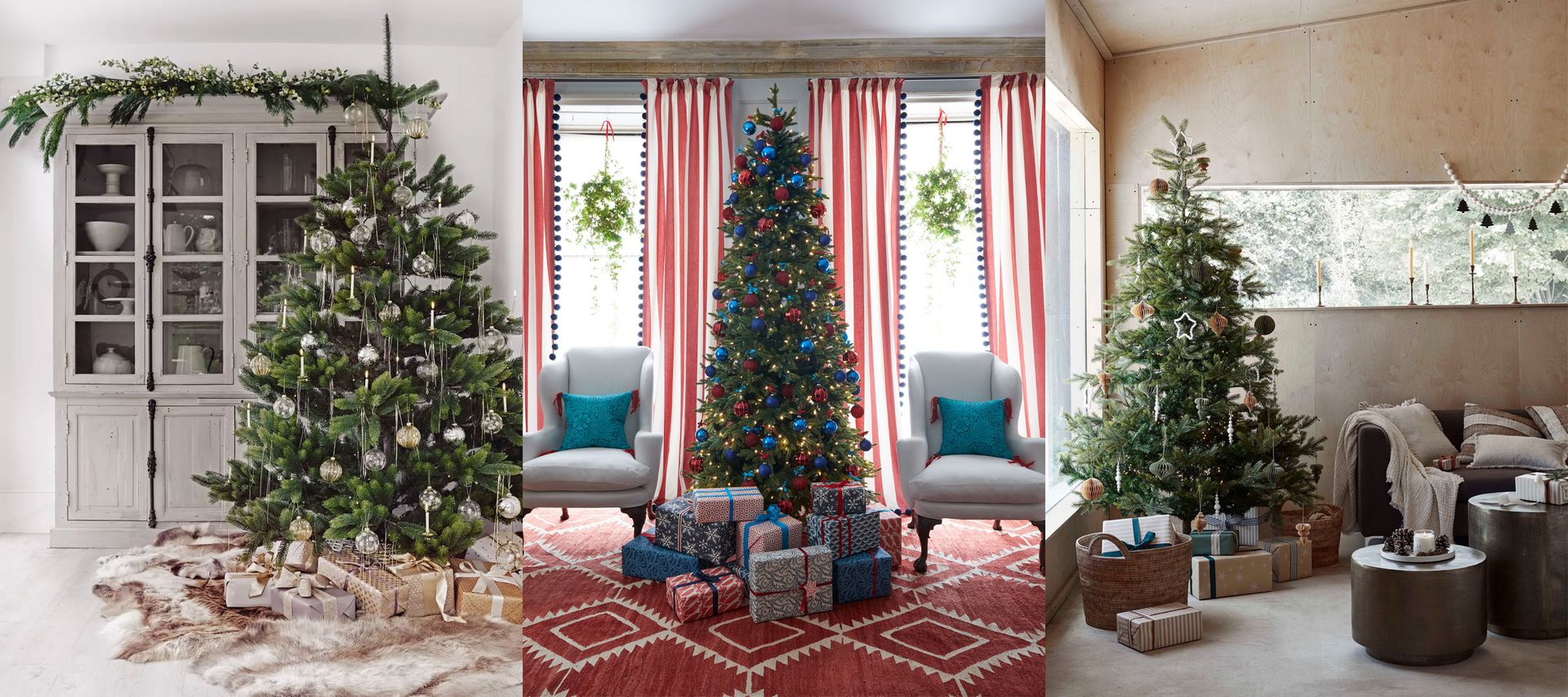 Christmas tree ideas, minimalist tree with simple decorations, blue and red tree, natural, rustic tree