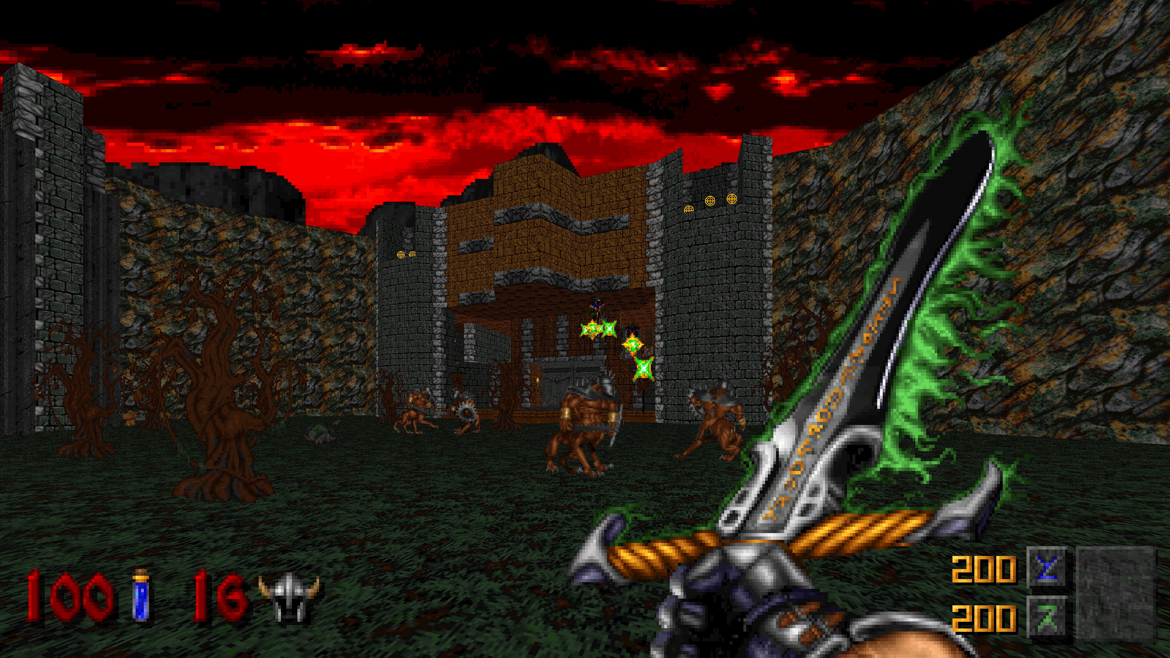 In-game screenshot of a player swinging a sword at demons in Heretic+Hexen