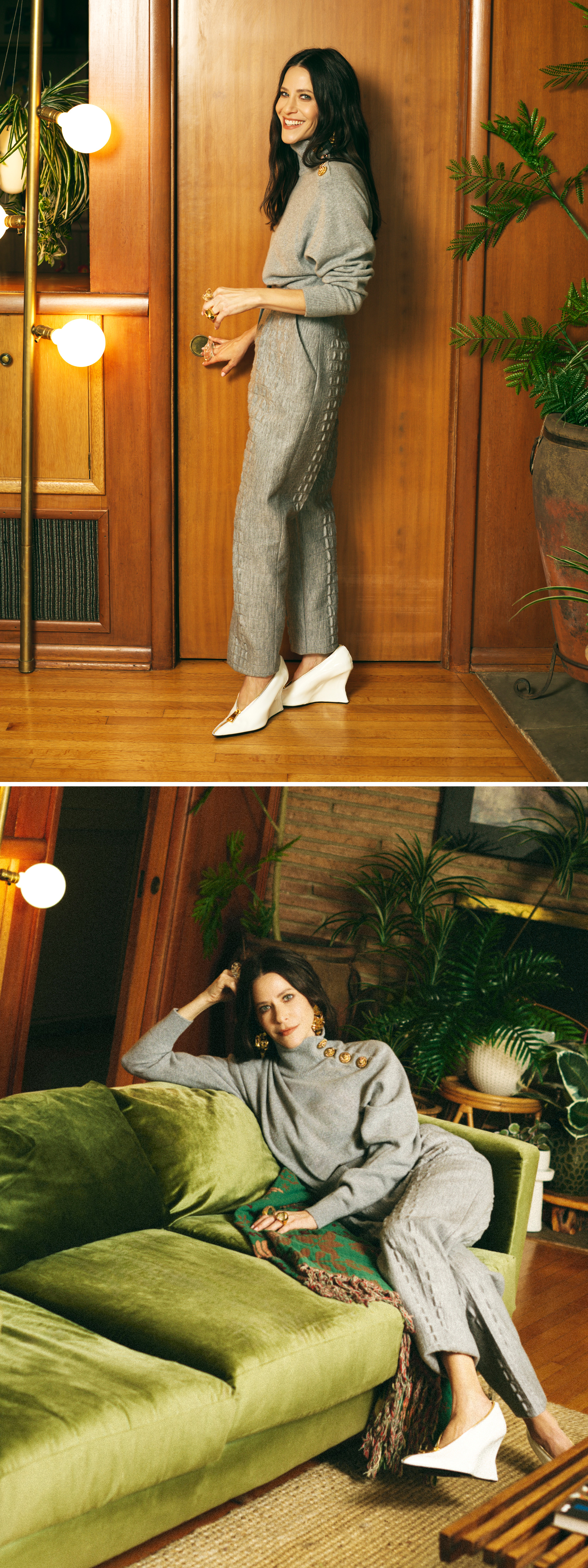 Jackie Tohn Portrait Session forBest Knockoff Luxury Clothing
. She is wearing a gray Balmain turtleneck sweater with gold button detailing on the left shoulder with matching skirt and trousers and white wedge heels and chunky Alexis Bittar jewelry.