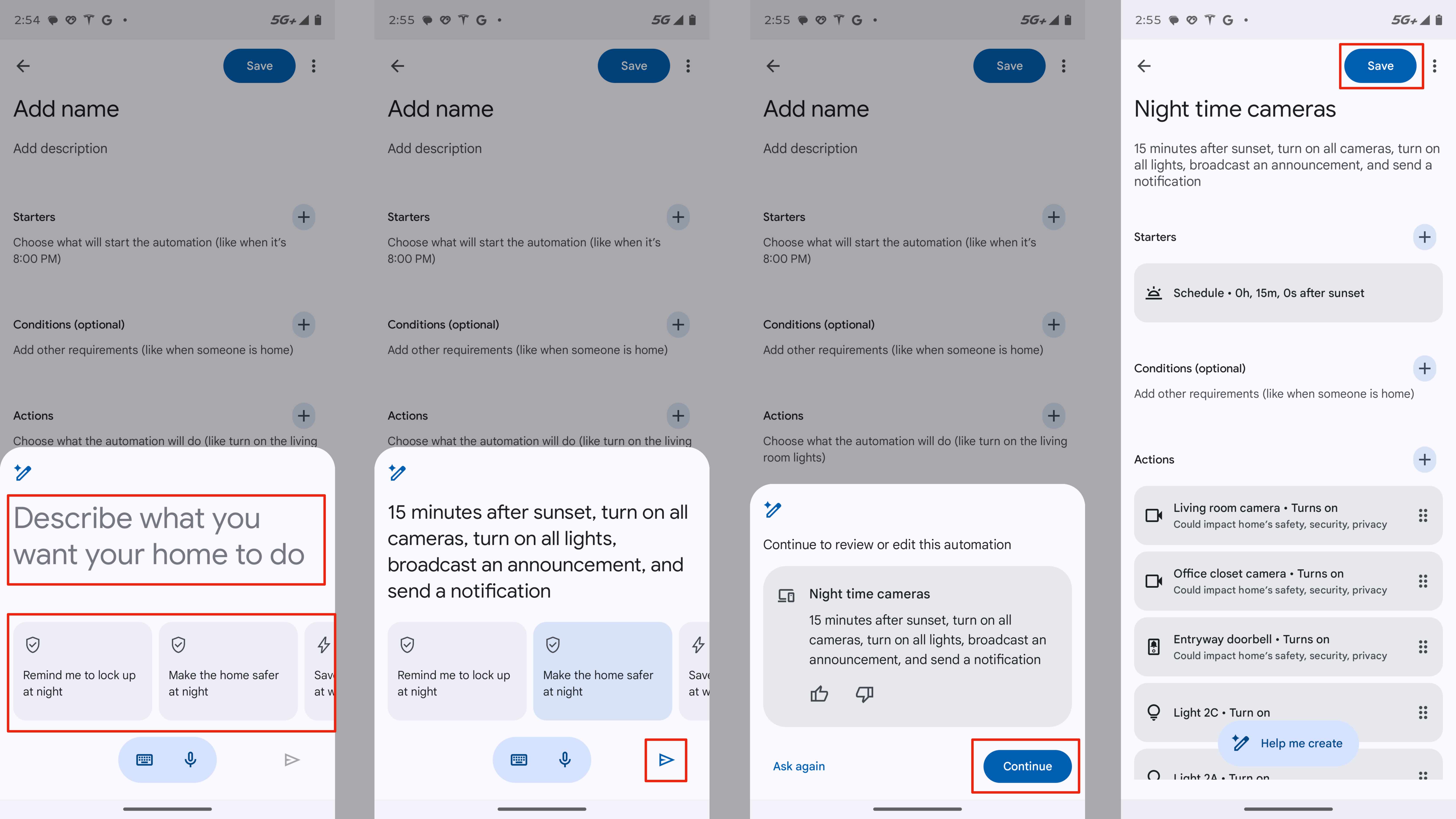 The steps for creating automations in the Google Home app.