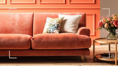 Coral living room with a velvet coral upholstered sofa to support the new Habitat made to order range