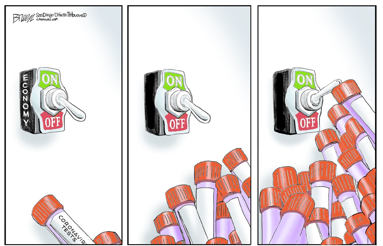 Political Cartoon U.S. Trump forcing economy to open coronavirus testing pile up