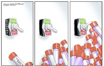 Political Cartoon U.S. Trump forcing economy to open coronavirus testing pile up